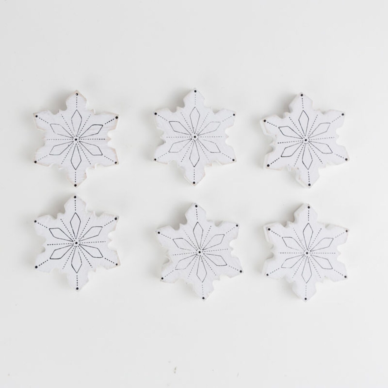 2x2x.25 wood shapes set of six (SNOWFLAKES) white, black Mid Century Christmas Collection